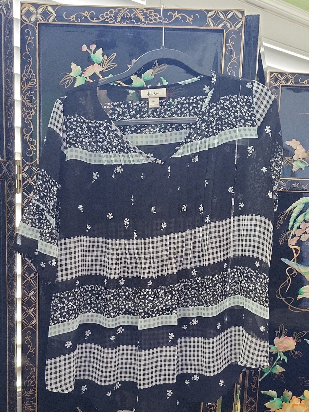 Style & Co. Black Mixed-Print Blouse with Mint Accents